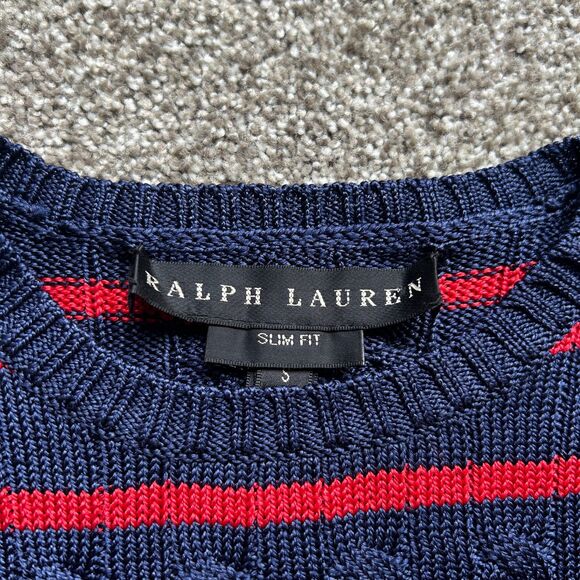 RALPH LAUREN BLACK LABEL STRIPED SILK CABLE KNIT SLIM FIT SWEATER RED NAVY SMALL - Picture 2 of 7
